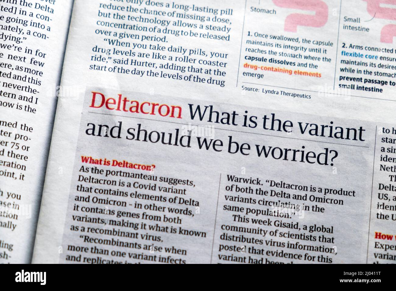 'Deltacron Was ist die Variante und sollten wir uns Sorgen machen?' Guardian Zeitung headline covid 19 Artikel News Clipping 12. März 2022 London England Großbritannien Stockfoto