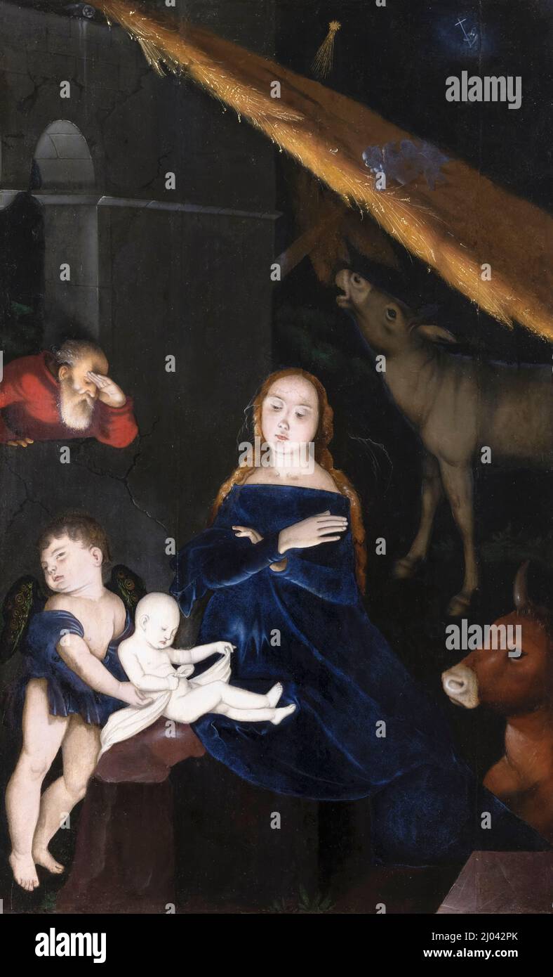Die Geburt Christi, Mischtechnik auf Lindenholz 16. Jahrhundert Gemälde von Hans Baldung Grien, 1525-1530 Stockfoto