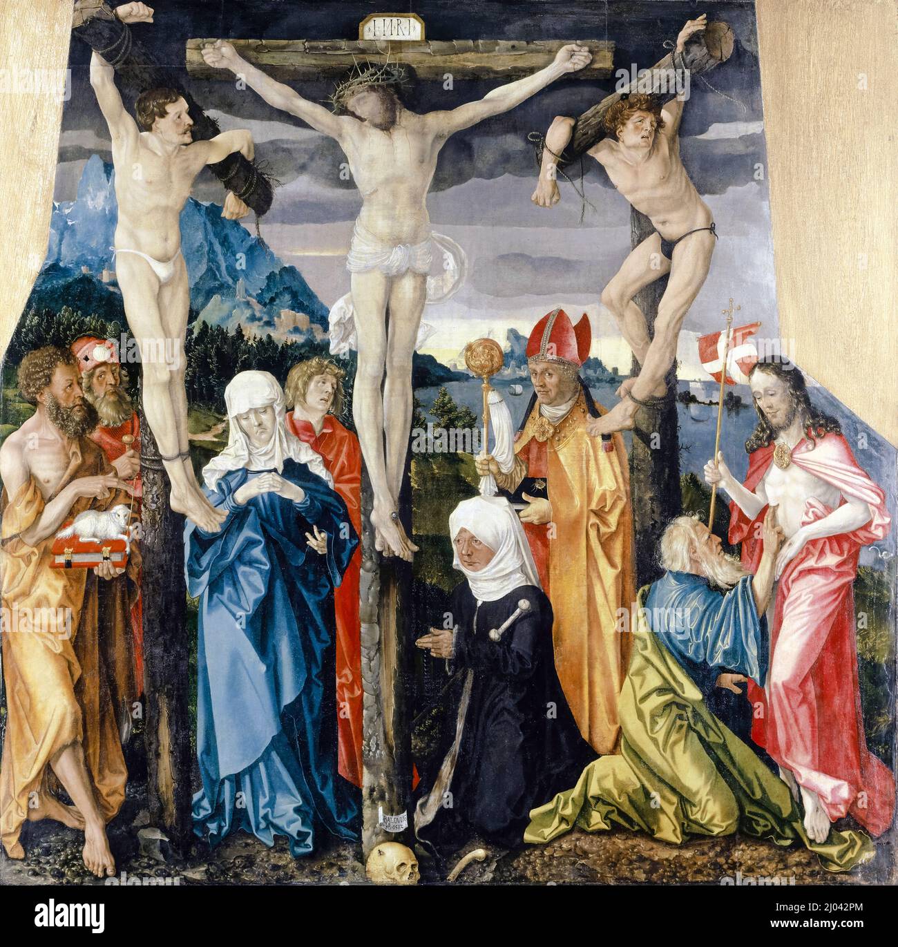 Kreuzigung Christi mit Dieben, Heiligen und Spender, Mischtechnik auf mit Leinwand überzogener Linde, Gemälde von Hans Baldung Grien, 1512 Stockfoto
