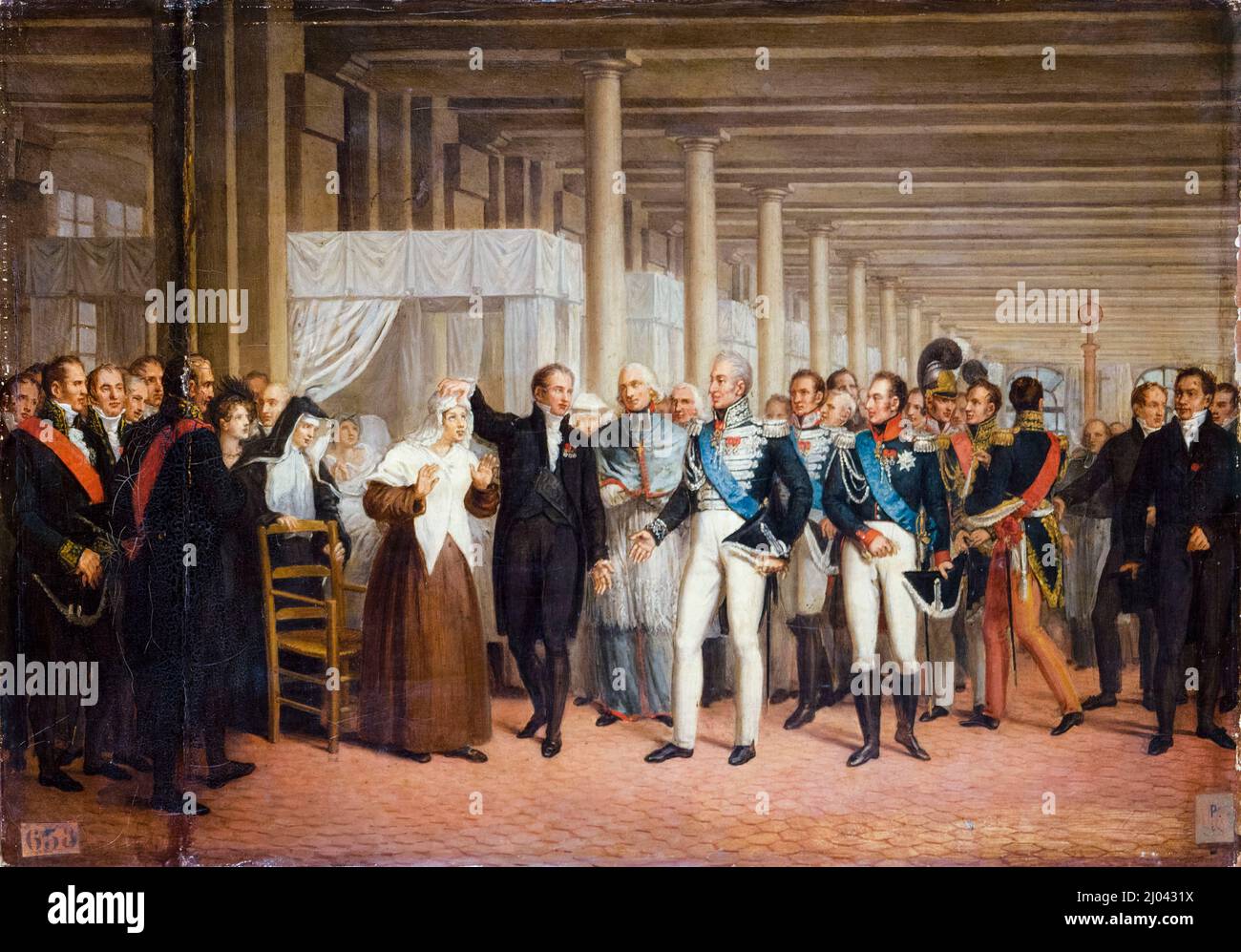 Guillaume Dupuytren (1777-1835), französischer Chirurg am Hôtel-Dieu, der Charles X. (1757-1836), König von Frankreich, nach einer Augenoperation mit einem Patienten überreicht, Öl auf Leinwand, Gemälde eines unbekannten Künstlers, um 1825 Stockfoto