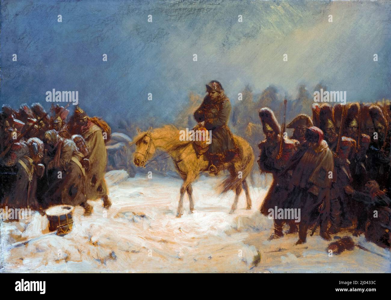 Napoleon Bonapartes Rückzug aus Russland, Öl auf Leinwand, Gemälde von Adolf Northen, 1851 Stockfoto