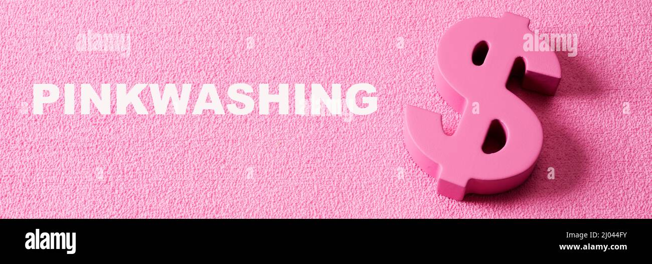 Text-Pinkwashing und ein rosa Dollar-Zeichen auf einem rosa strukturierten Hintergrund, in einem Panorama-Format als Webbanner oder Header zu verwenden Stockfoto