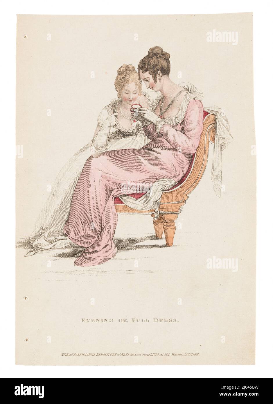 Fashion Plate, „Evening or Full Dress“ für „The Repository of Arts“. Rudolph Ackermann (England, London, 1764-1834). England, London, 1. Juni 1810. Drucke; Gravuren. Handkolorierte Gravur auf Papier Stockfoto