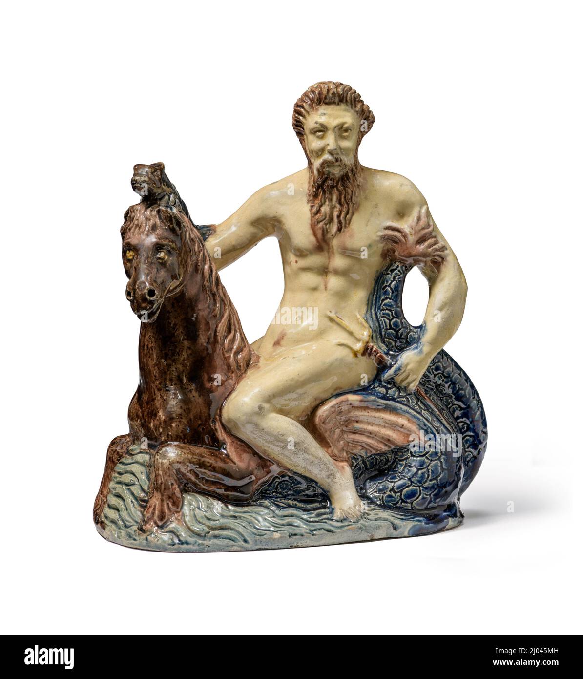 Neptun auf einem Seepferd. Frankreich, Avon, 1560-1620. Skulptur. Bleiglasiertes Steingut, Palissy-Geschirr Stockfoto