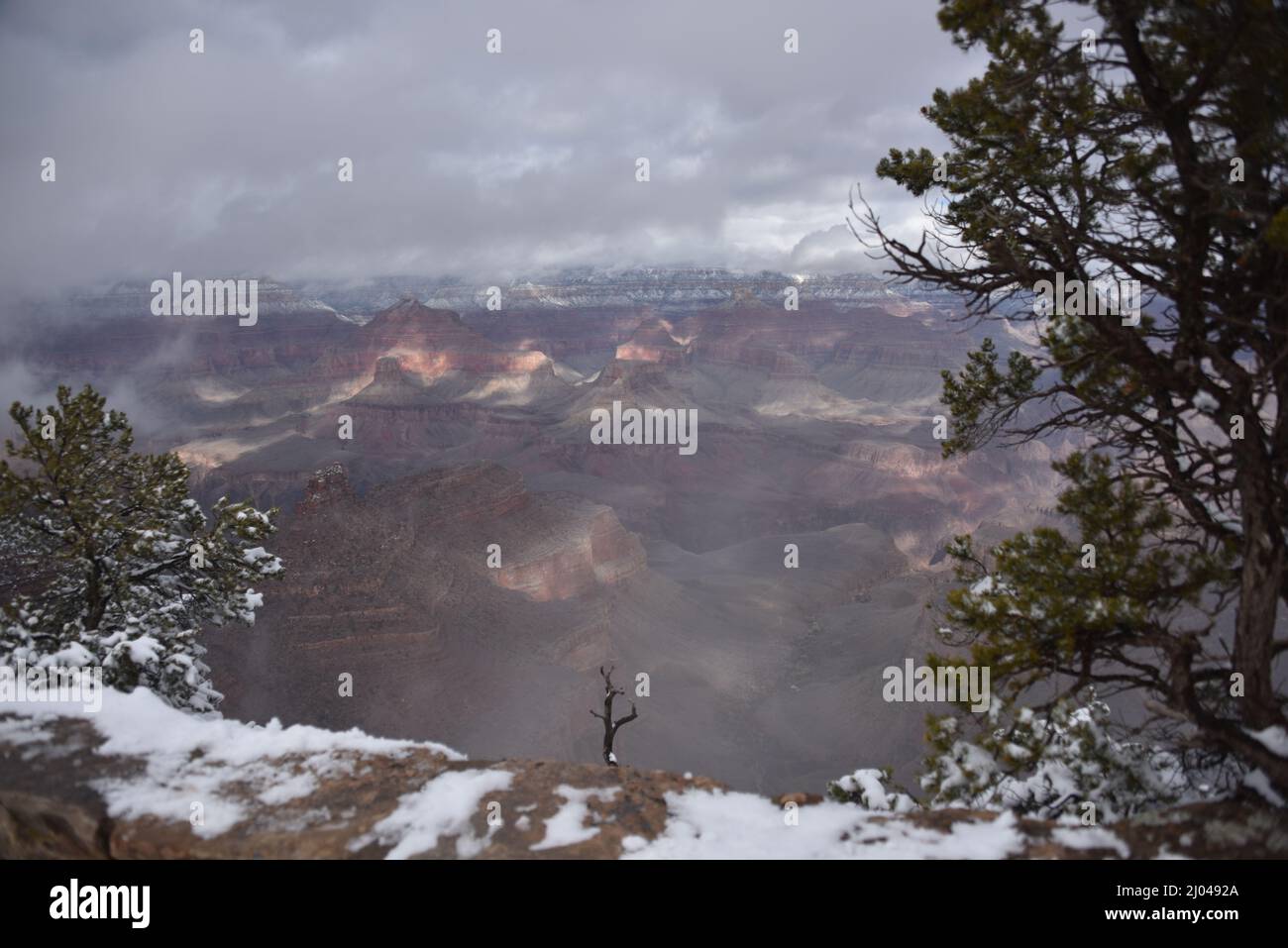 Grand Canyon, AZ., USA 12/30-31& 1/1/2022. Grand Canyon National Park Silvester und Silvester 2022 verschneiten South Rim Wanderweg Stockfoto