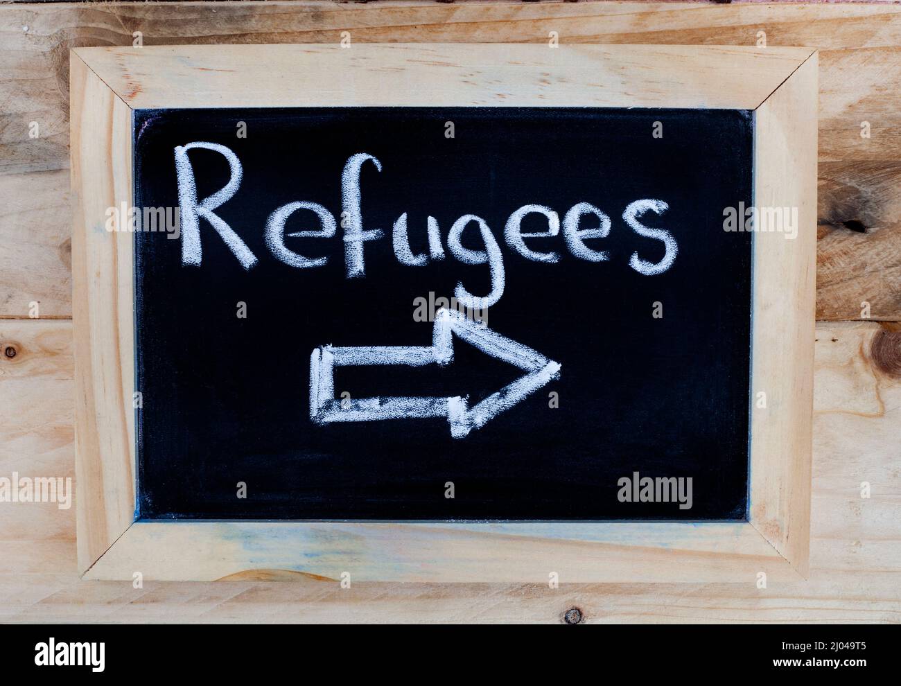 Tafel mit Richtungsanzeige für Flüchtlinge Stockfoto