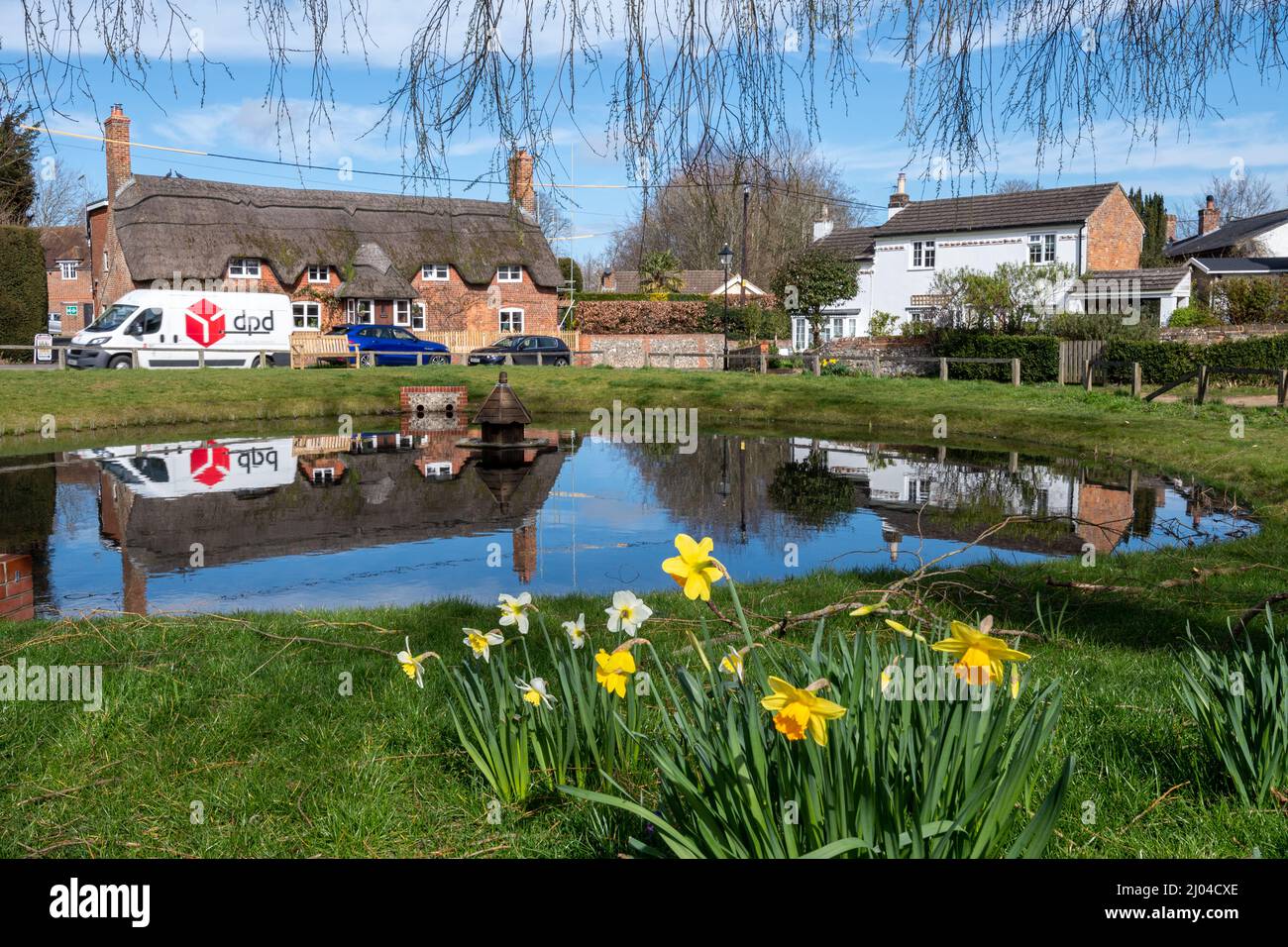 Oakley Dorfzentrum mit Narzissen am Ententeich im Frühjahr, Hampshire, England, Großbritannien, und einem DPD Paketzustellwagen Stockfoto