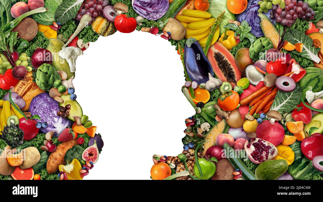 Essen von Obst und Gemüse oder Vegan und Veganismus oder gesunde Ernährung Lebensstil als eine Gruppe von frischen reifen Früchten und Nüssen mit Bohnen als Ernährungssymbol. Stockfoto