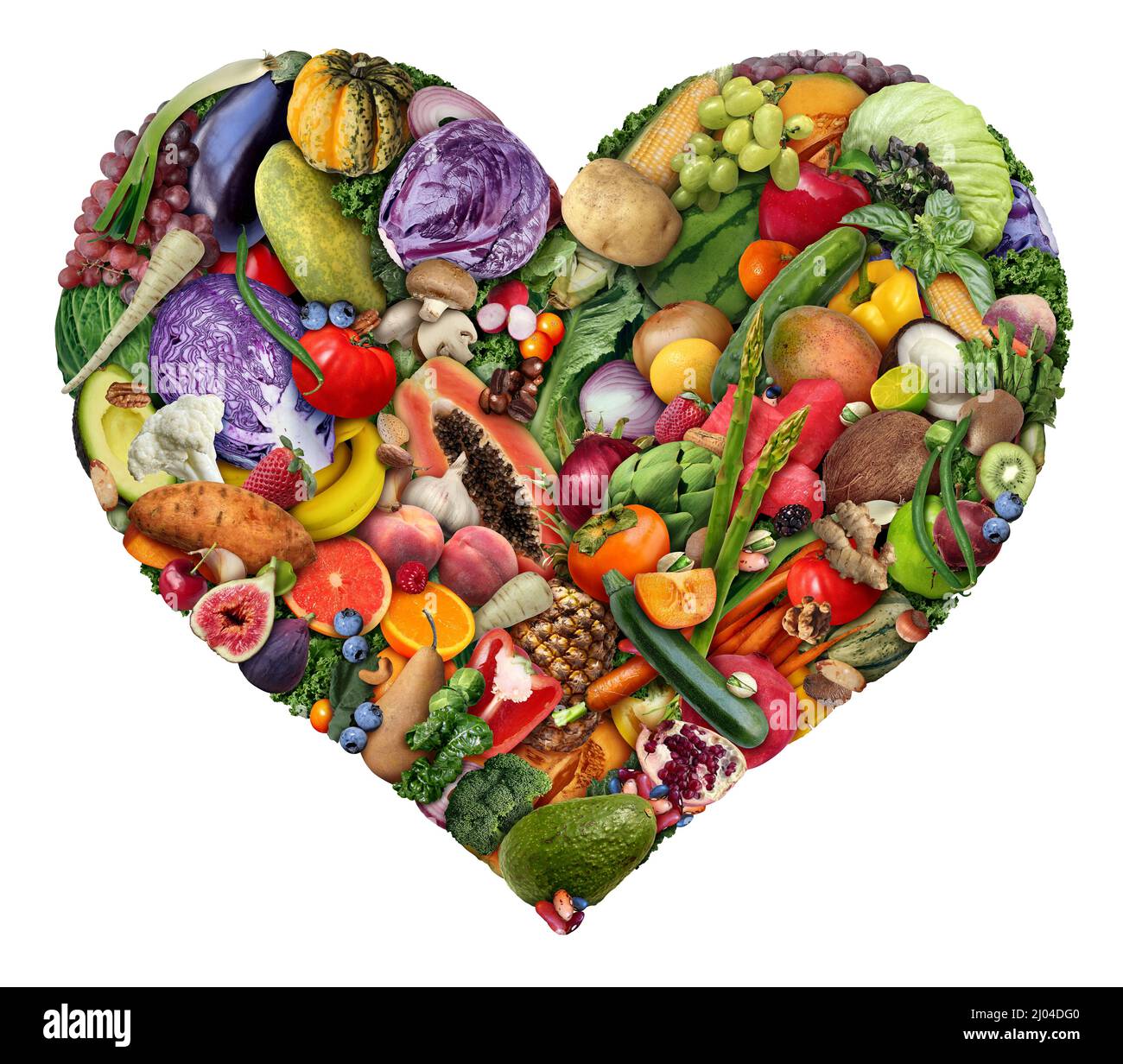 Obst und Gemüse Liebe und Herzgesundheit Symbol für Veganer und Veganer oder für gesundes Essen als Gruppe von frischen reifen Früchten und Nüssen mit Bohnen. Stockfoto