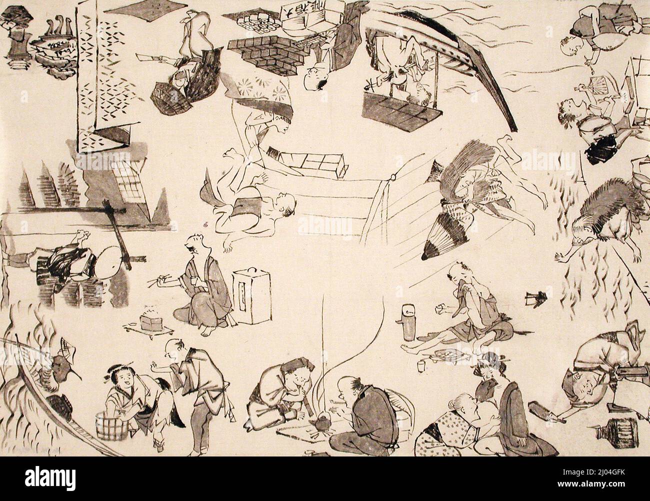 Vorbereitende Zeichnungen für humorvolle Illustrationen. Kawanabe Kyōsai zugeschrieben (Japan, 1831-1889). Japan, 19.. Jahrhundert. Zeichnungen. Tinte auf Papier Stockfoto