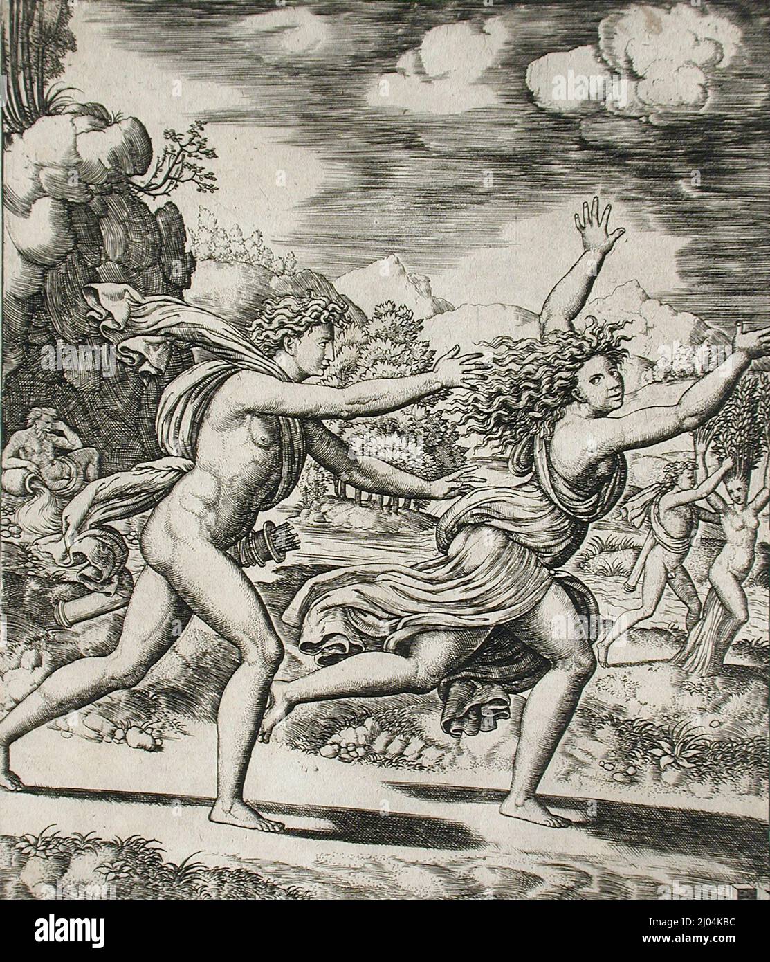 Apollo und Daphne. Master of the die (Italien, aktiv ca. 1530-1560)Baldassare Peruzzi (Italien, Siena, 1481-1536). Italien, 1530-1560. Drucke; Gravuren. Gravur Stockfoto