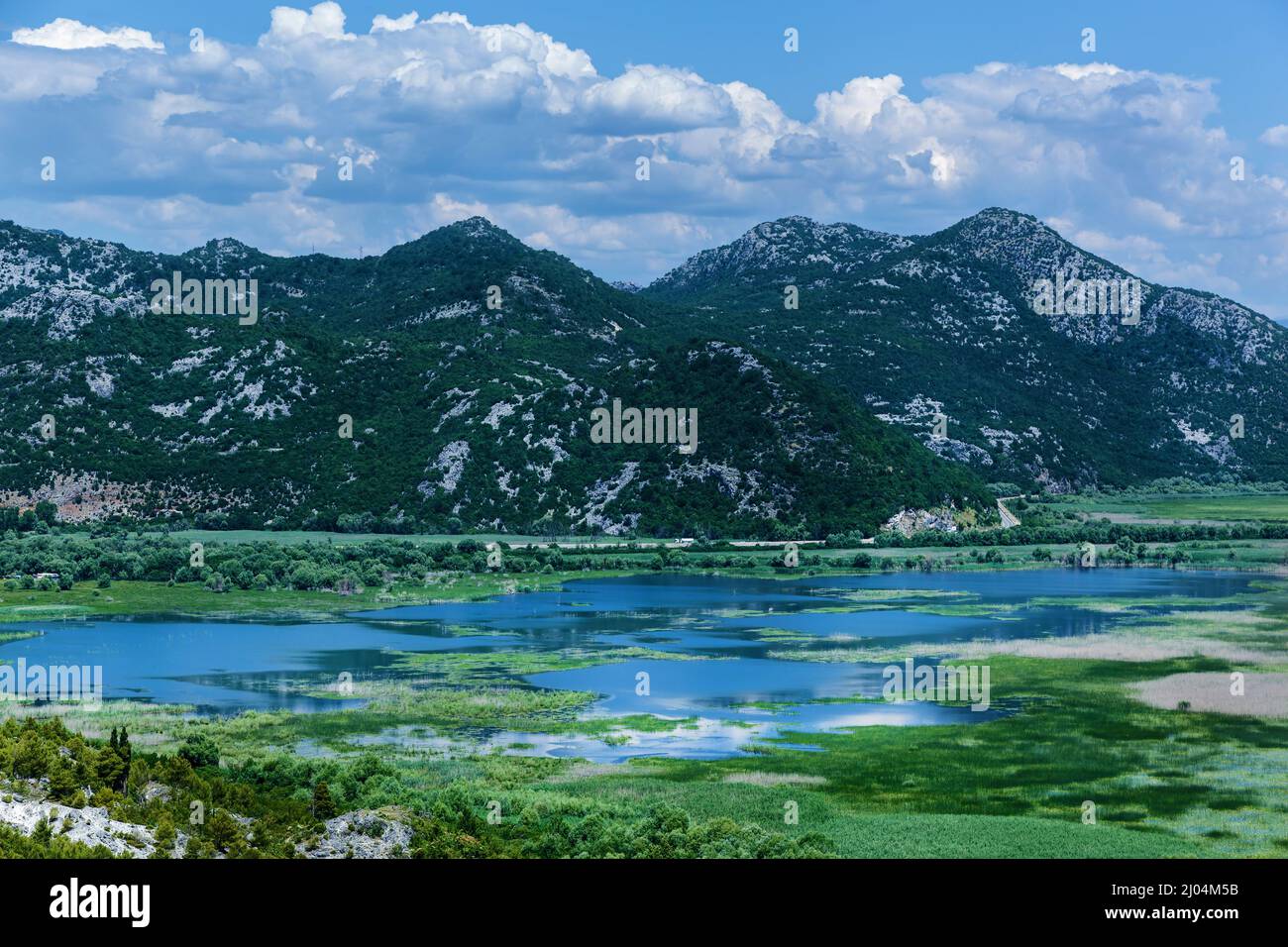 Blick auf den See Skadar von der Bergstraße, Nationalpark in Montenegro, Europa. Wunderschöne Meereslandschaften, Berge und Natur in Montenegro Stockfoto