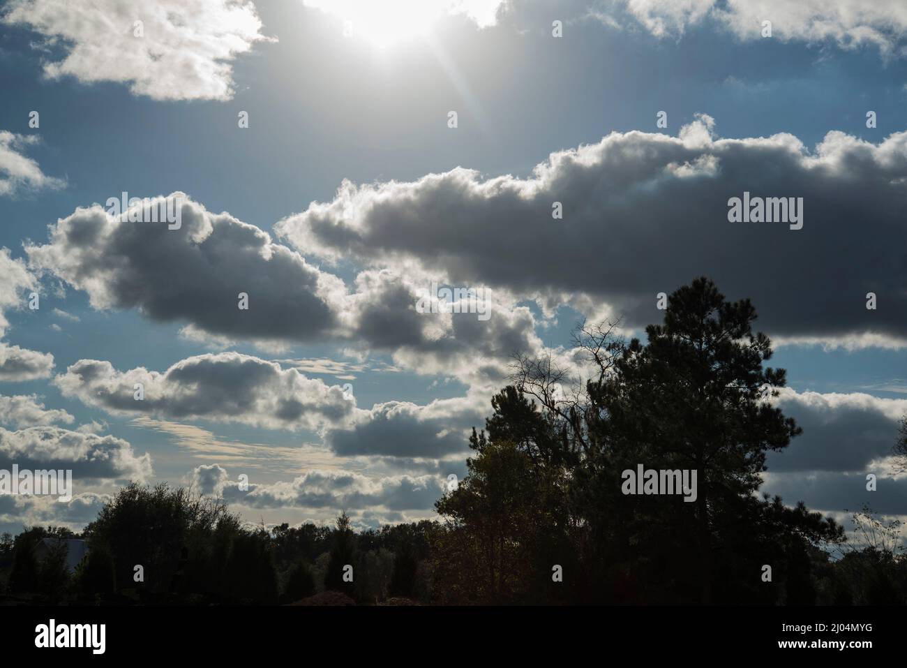 Wolken mit Hintergrundbeleuchtung am späten Nachmittag entlang der Interstate 75 in North Florida. Stockfoto