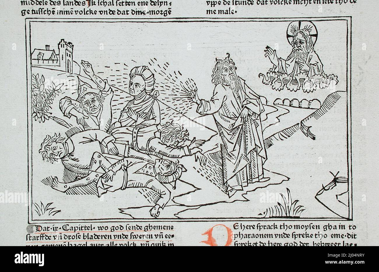 Gott schickt die Fliegen nach Ägypten (recto); Gott sendet kocht nach Ägypten (verso). Deutschland, veröffentlicht 1483. Drucke; Holzschnitte. Holzschnitt Stockfoto