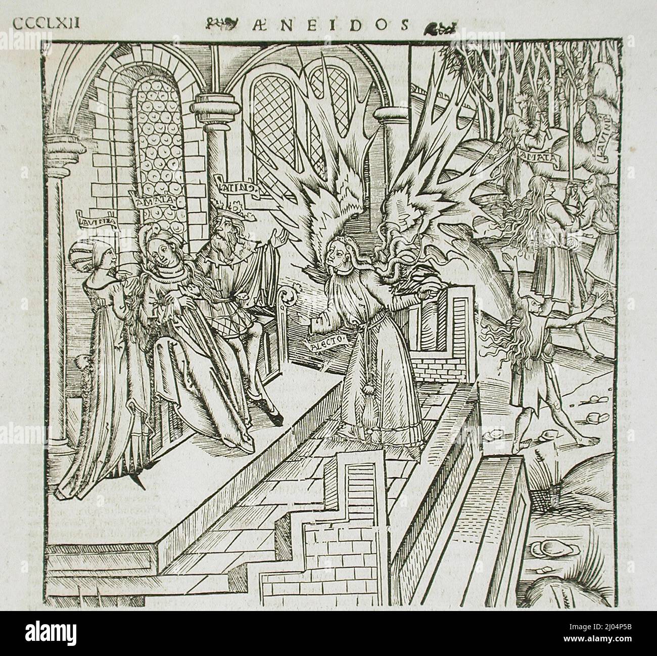 Alecto Rütteln Latinus Gegen Aeneas. Frankreich, 16. Jahrhundert. Drucke; Holzschnitte. Holzschnitt und Buchdruck Stockfoto