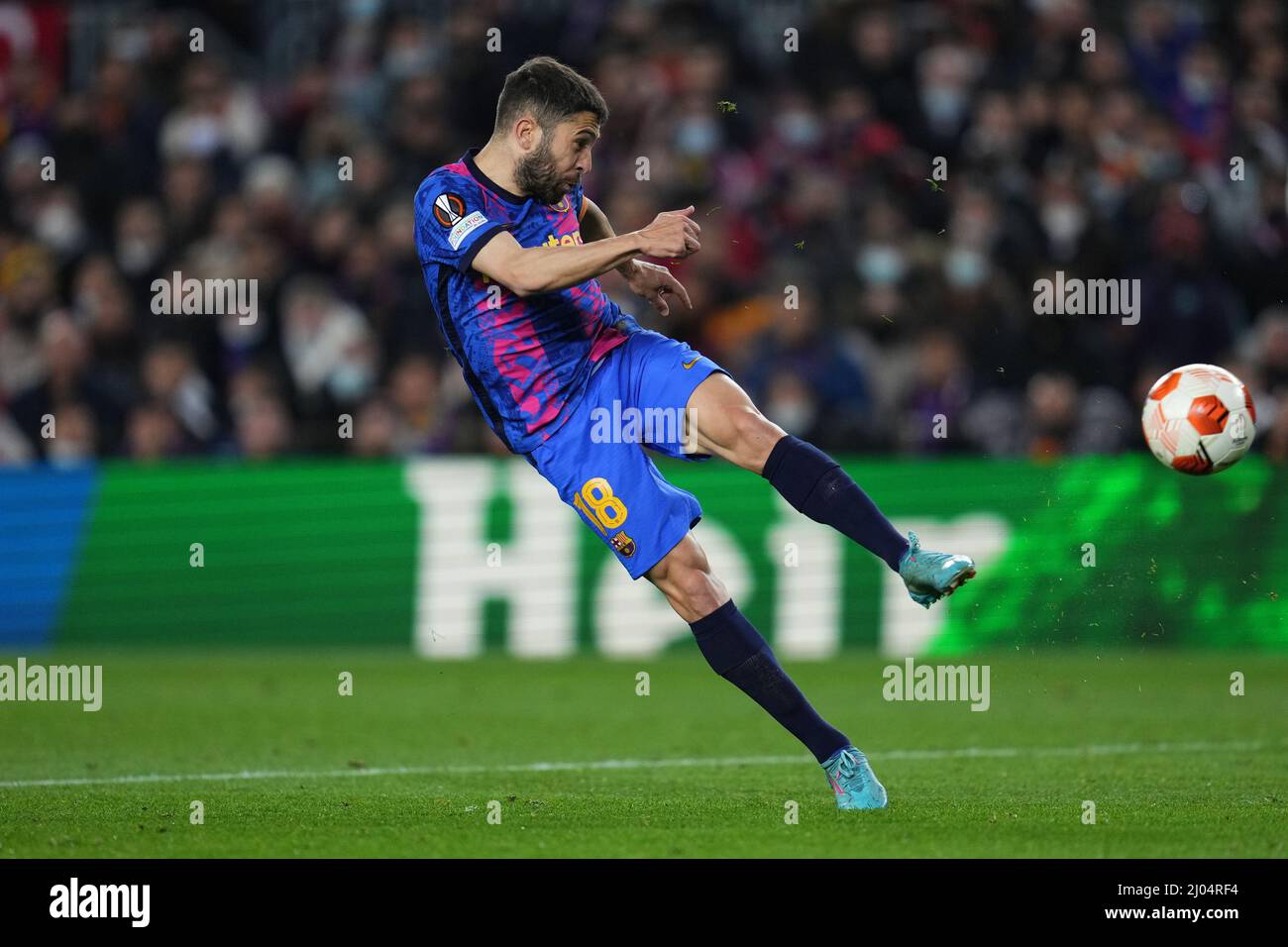 Jordi Alba vom FC Barcelona während des UEFA Europa League-Spiels zwischen dem FC Barcelona und Galatasaray SK spielte am 10. März 2022 im Camp Nou Stadium in Barcelona, Spanien. (Foto von Sergio Ruiz / PRESSINPHOTO) Stockfoto