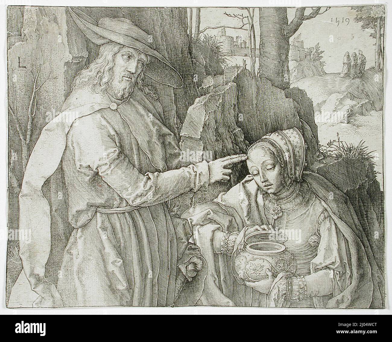 Christus als Gärtner erscheint der Heiligen Maria Magdalena. Lucas van Leyden (Holland, Leiden, um 1494-1533). Holland, 1519. Drucke; Gravuren. Gravur Stockfoto