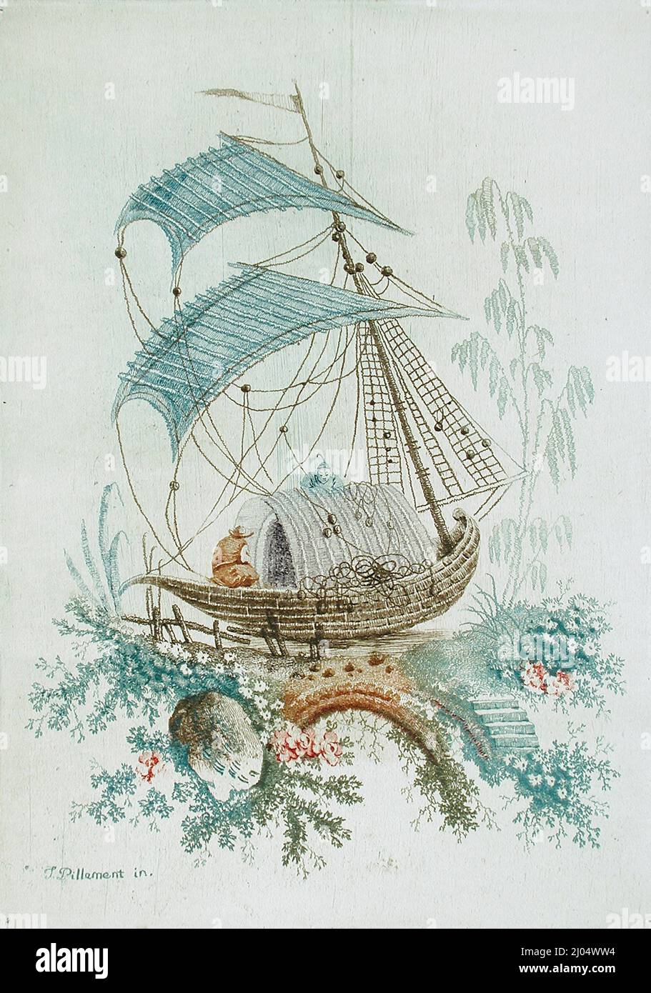 Chinoiserie-Design. Anne Allen (Frankreich, 1782-1850)Jean Baptiste Pillement (1728-1808). Frankreich, um 1798. Drucke; Radierungen. Farbradierung auf hellblauem Papier Stockfoto