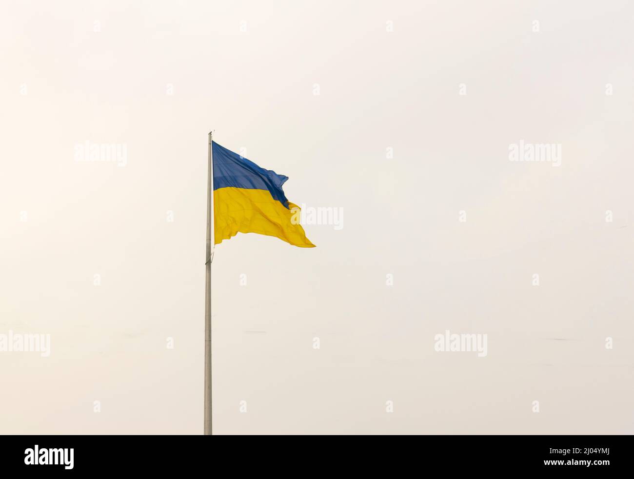 Die Flagge der ukraine ist gelbblau auf einem Fahnenmast gegen den Himmel Stockfoto