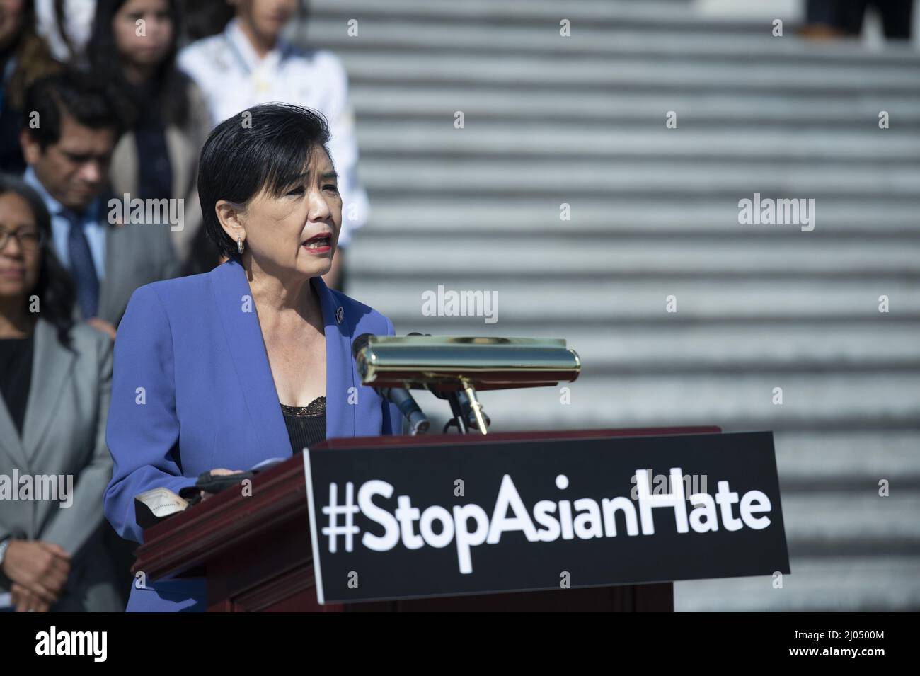 Washington, Usa. 16. März 2022. Rep. Judy Chu, D-CA, spricht während einer antiasiatischen Rassismus-Pressekonferenz anlässlich des einjährigen Jubiläums der Spa-Schießereien in Atlanta, Georgia, am Mittwoch, dem 16. März 2022, im US-Kapitol in Washington, DC. Die Erschießungen führten zu acht Todesfällen, von denen sechs asiatischer Abstammung waren. Foto von Bonnie Cash/UPI Credit: UPI/Alamy Live News Stockfoto