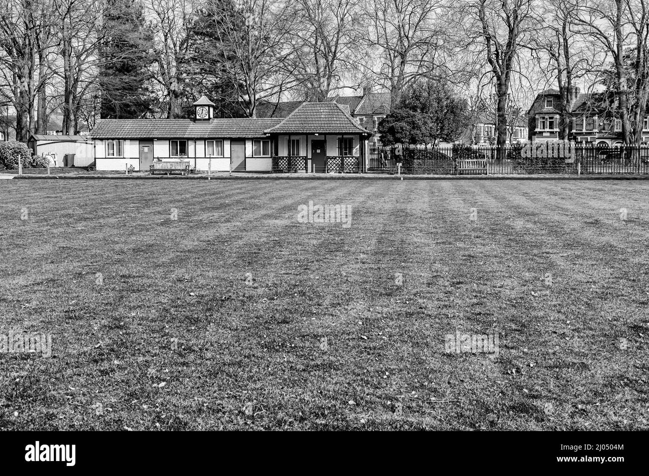 Plashet Park Bowling Club schwarz und weiß Stockfoto