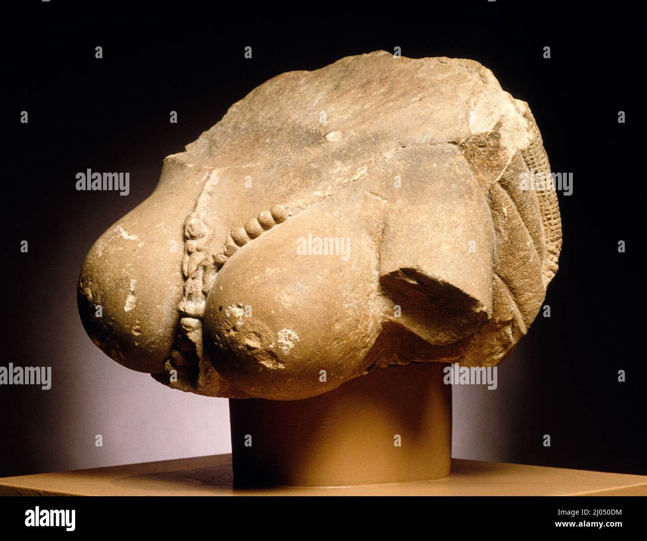 Büste einer Baumdrohne. Indien, Madhya Pradesh, Sanchi, 50 B.C.-A.D. 25. Skulptur. Cremefarbener Sandstein Stockfoto