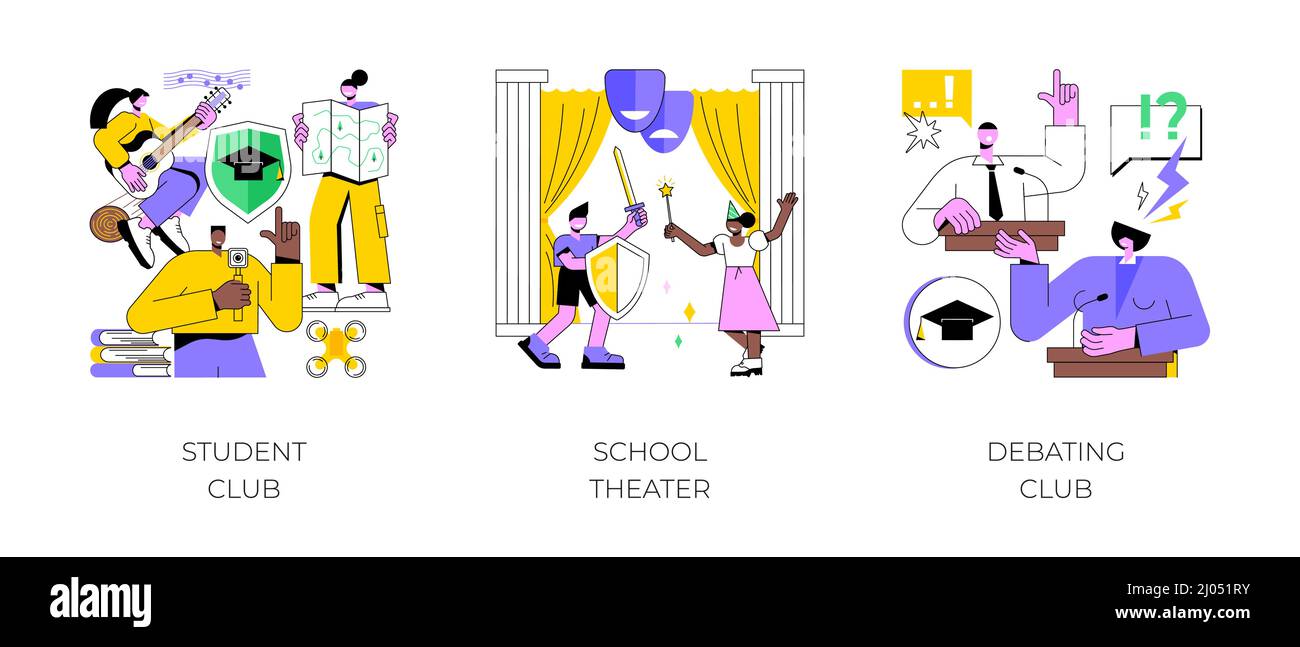 After-School-Aktivität abstraktes Konzept Vektor Illustration Set. Studentenklub, Schultheater, Debattierwettbewerb, öffentlich sprechen, Dramaturgie, hochschulcampus Veranstaltung, Kommunikation abstrakte Metapher. Stock Vektor