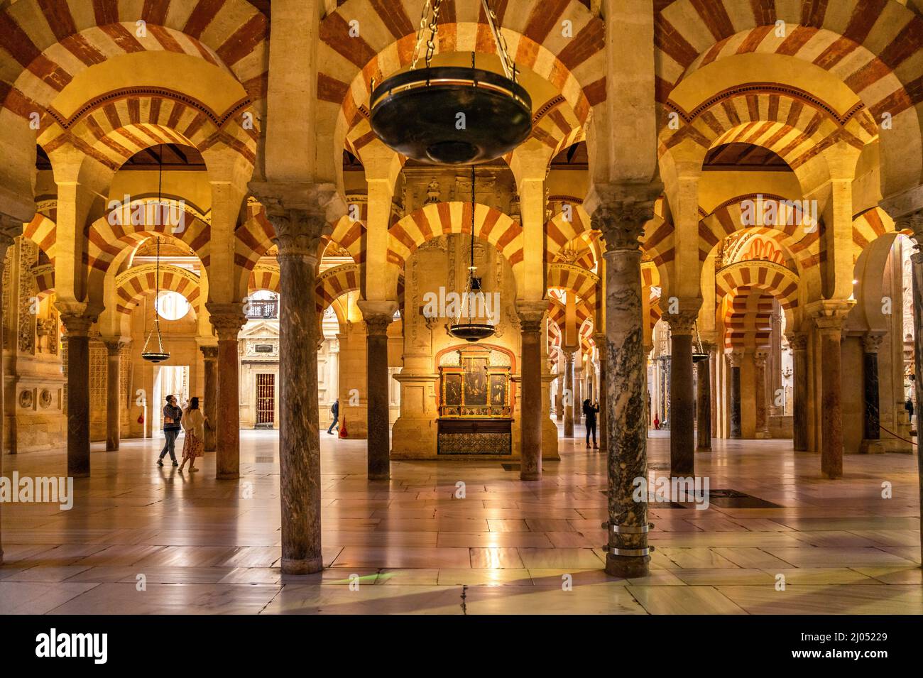 Maurische Säulen und Bögen im Innenraum der Mezquita - Catedral de Córdoba in Cordoba, Andalusien, Spanien | maurische Bögen und Säulen der Mezqu Stockfoto