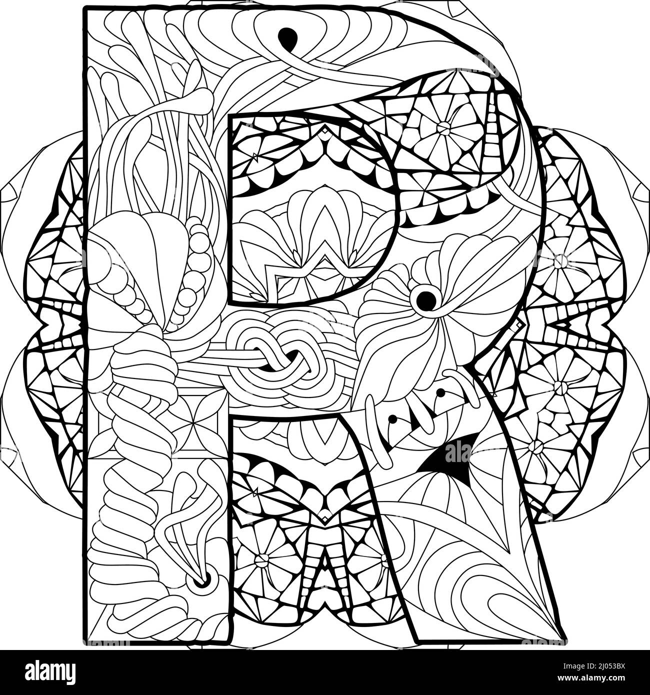 Zentangle stilisiertes Alphabet - Buchstabe R auf Mandala für die Färbung. Vektorgrafik. Ethnisches Muster Stock Vektor