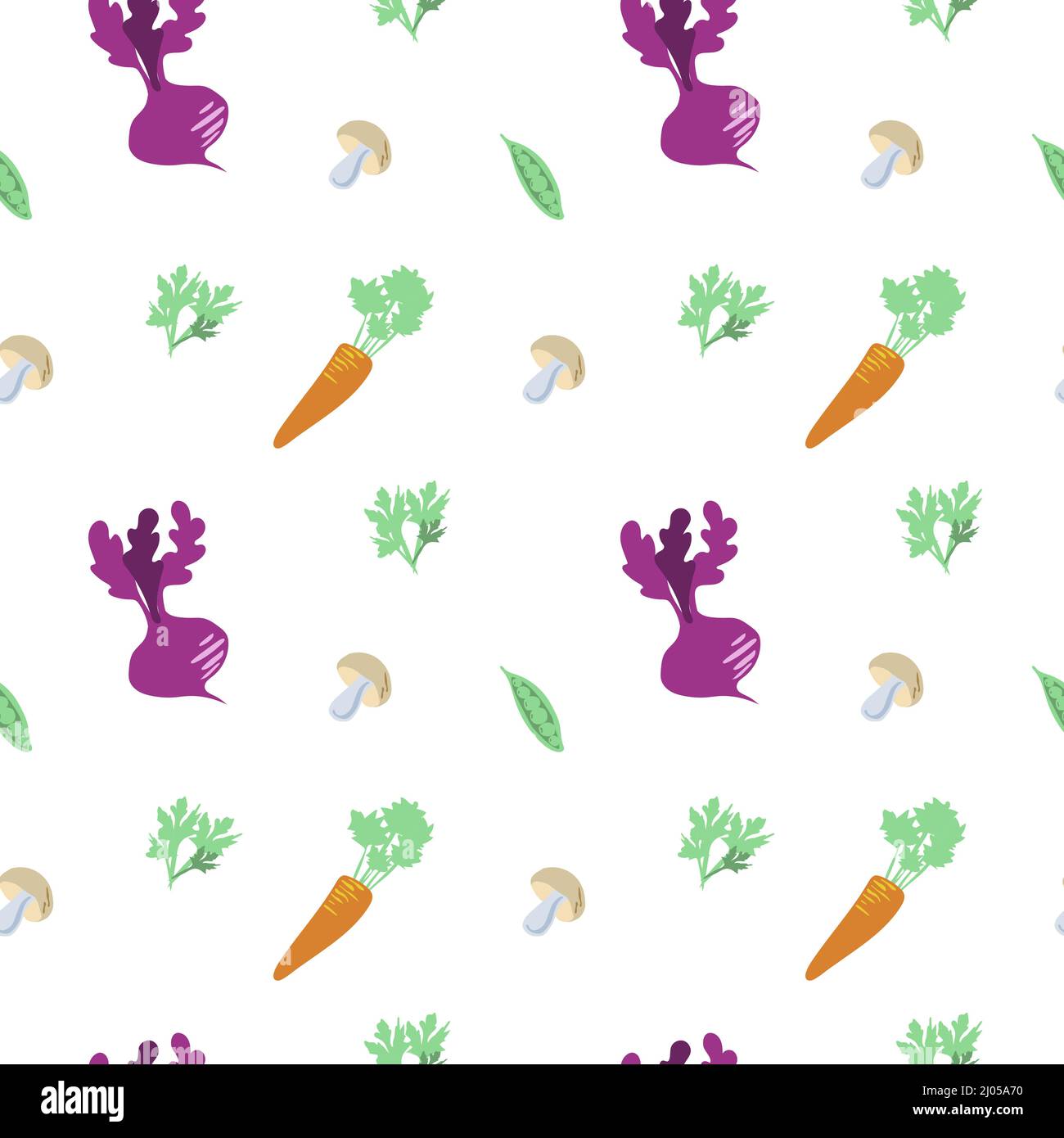 Nahtloses Muster aus Gemüse, Pilzen und Grüns auf weißem Hintergrund. Elemente in einem reduzierten Stil. Welternährungstag. Gemüse und Gemüse. Rüben, Stock Vektor