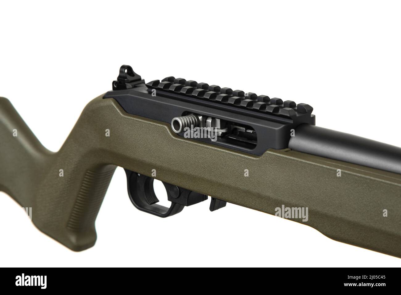 Moderne halbautomatische Kleinkaliber .22lr Gewehr. Sport Karabiner .22lr. Isolieren auf weißem Hintergrund. Stockfoto