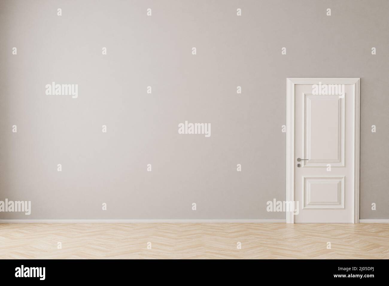 Eine leere Wohnung mit Holzboden, Wand, Tür. Modell für den Innenraum. Stockfoto