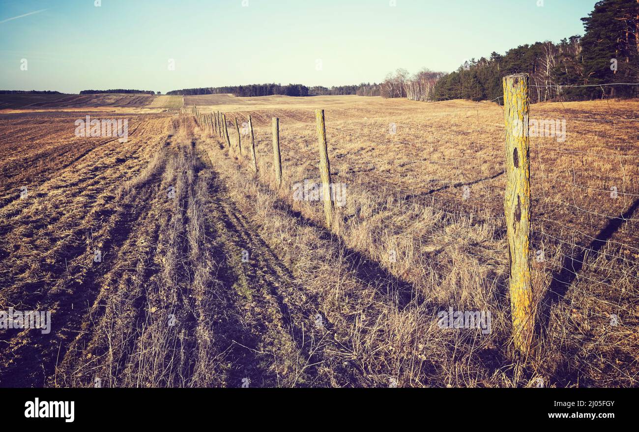 Landwirtschaftliches Feld mit Drahtzaun, Farbtonung angewendet. Stockfoto