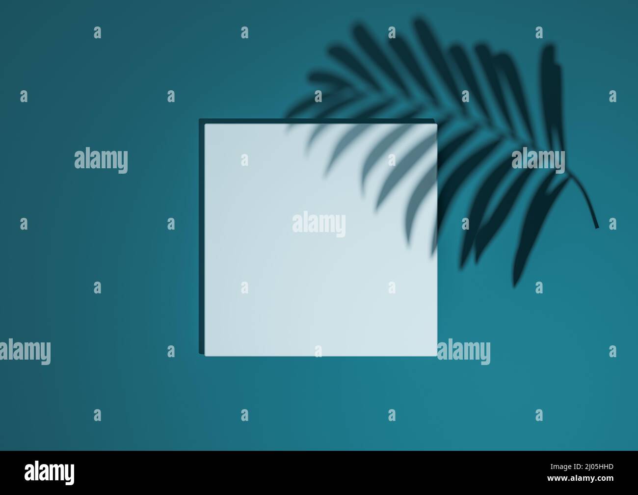 Dunkelblaugrün, aquablau, 3D Rendering minimaler, einfacher Draufsicht flacher Produktdisplay-Hintergrund mit einem Podium-Ständer und Palmenblatt-Schatten für Naturprodukte Stockfoto