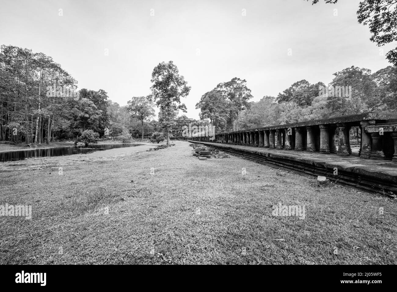 Schwarz-Weiß-Ansicht eines kleinen, von Menschen hergestellten Teiches in der Nähe der archäologischen Stätte Baphuon in Siem Reap, Kambodscha. Stockfoto