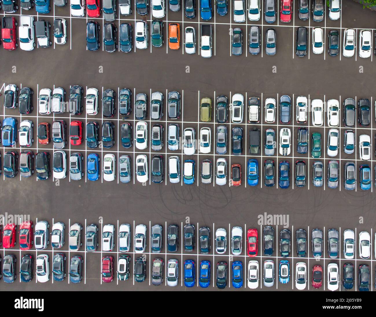 Schießen von einer Drohne. Asphaltierte Anlage, Parkplatz. Viele Autos parkten in einer Reihe. Planung, Karte, städtische Infrastruktur, Umweltschutz. Dort Stockfoto