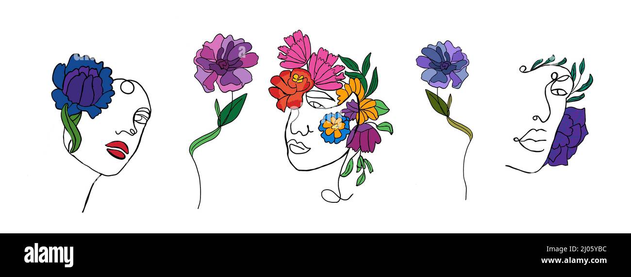 Ein Trio von minimalistischen Handzeichnungen von weiblichen Gesichtern, die mit bunten Blumen verziert sind. Skizzierte und farbige Illustration auf weißem Hintergrund. Stockfoto