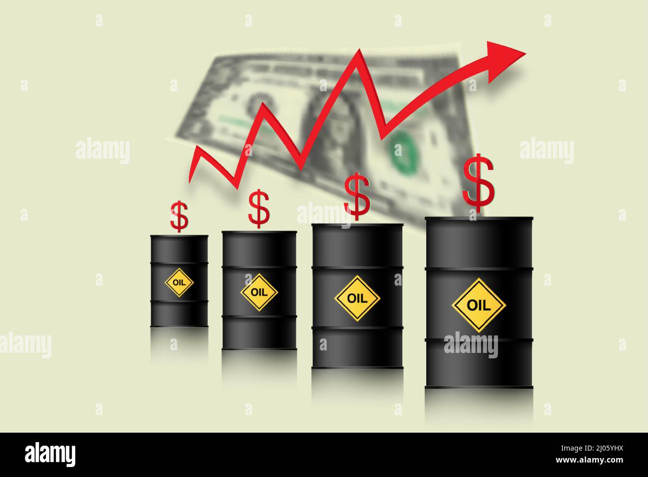 Der Ölpreis steigt. Barrel Öl, Dollar und Infografiken mit einem roten Pfeil nach oben. Konzept der steigenden Rohölpreise, Vektordarstellung isoliert Stock Vektor