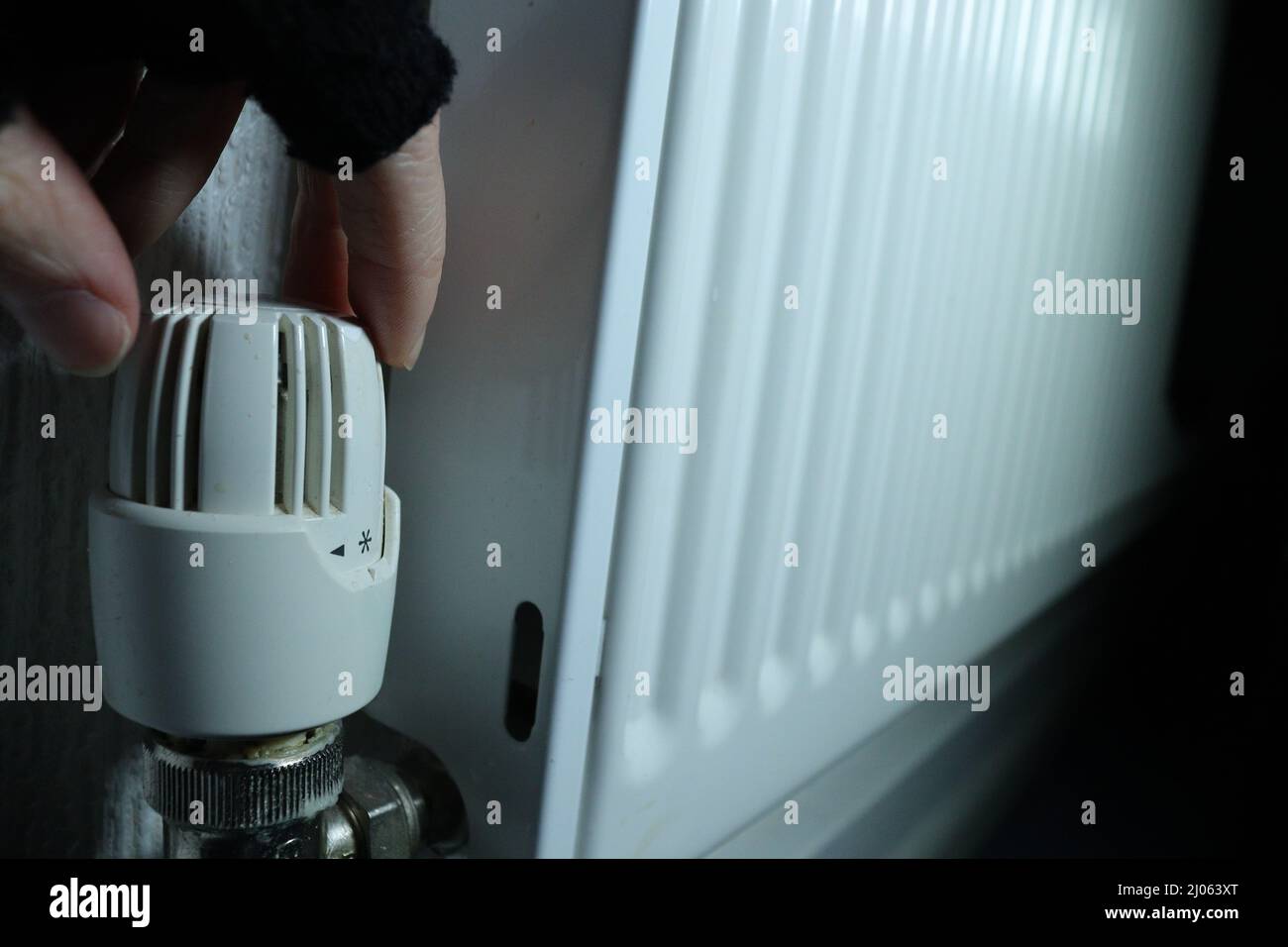 Steigende Heizkosten - Eine Handschuhen greift nach dem Zifferblatt auf einem Heizkörper Stockfoto