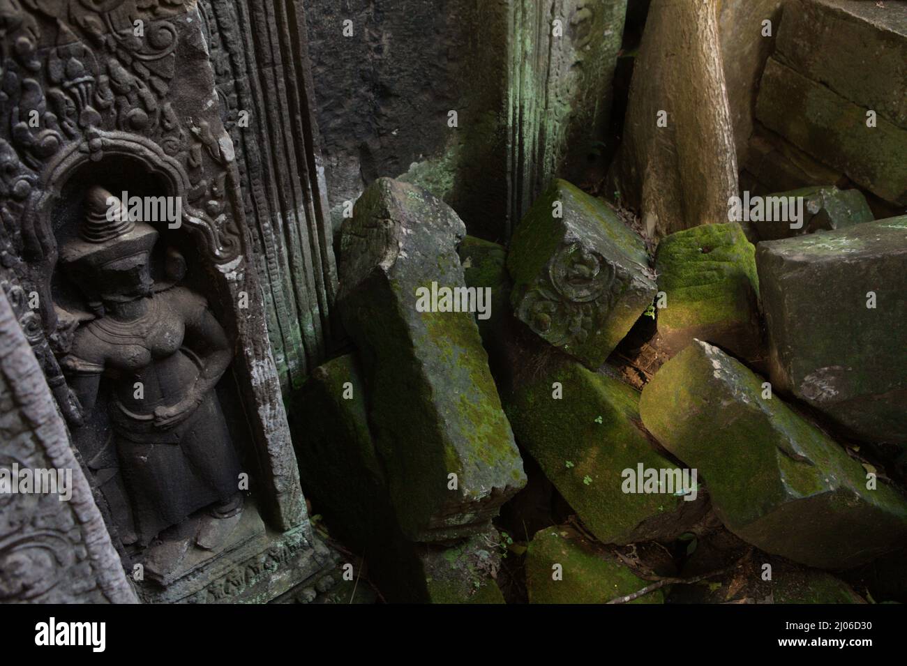 Apsara Figur an der Wand von Ta Prohm, Siem Reap, Kambodscha. Stockfoto