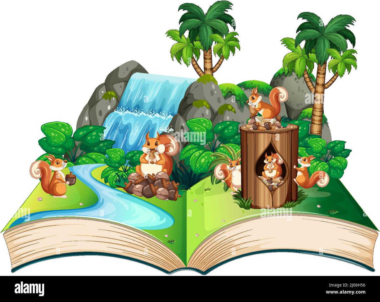 Naturszene mit Eichhörnchen durch Wasserfall Illustration Stock Vektor