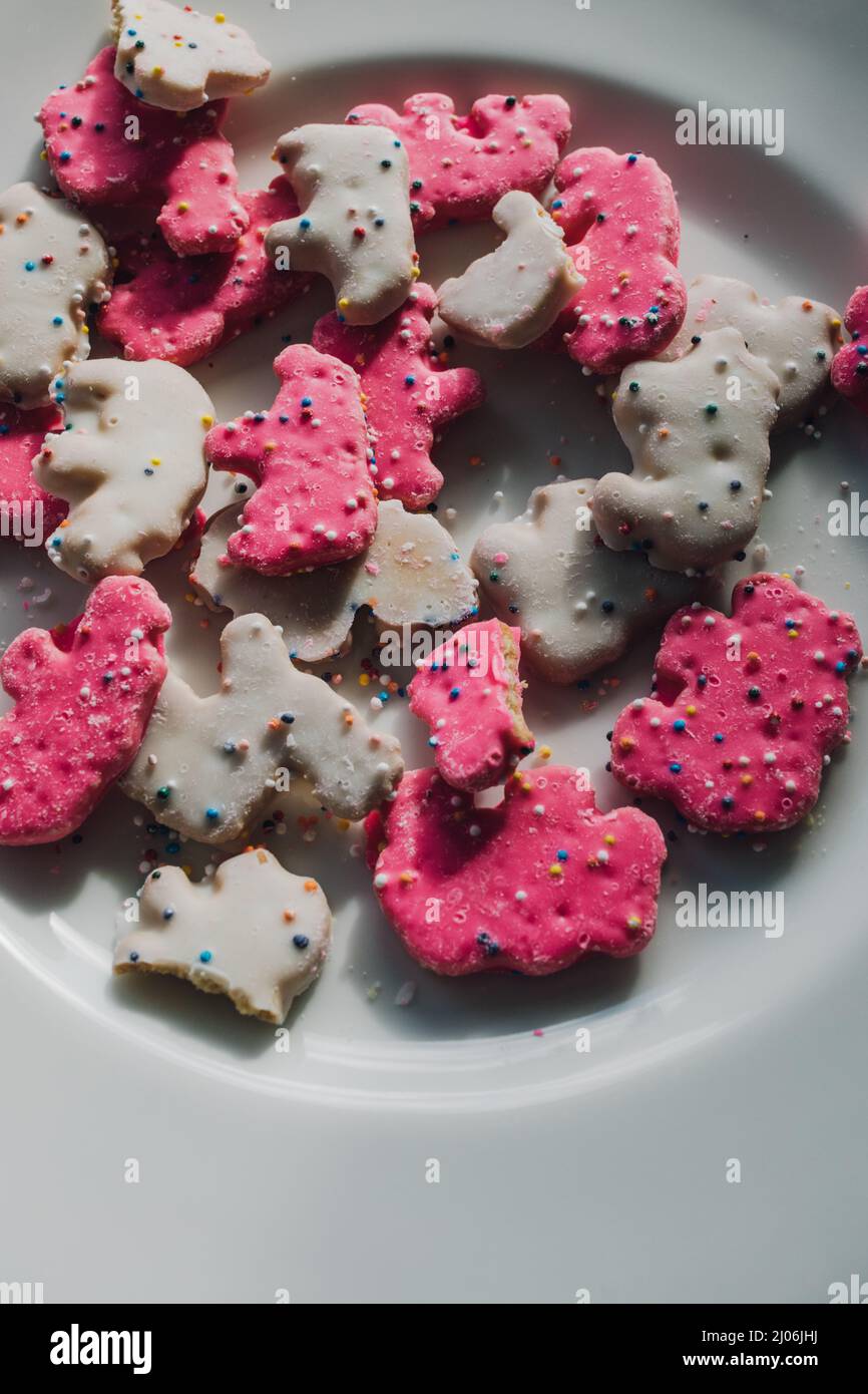 Frosted Circus Animal Cookie Pink und White bestreut Animal Cracker auf weißem Teller Stockfoto