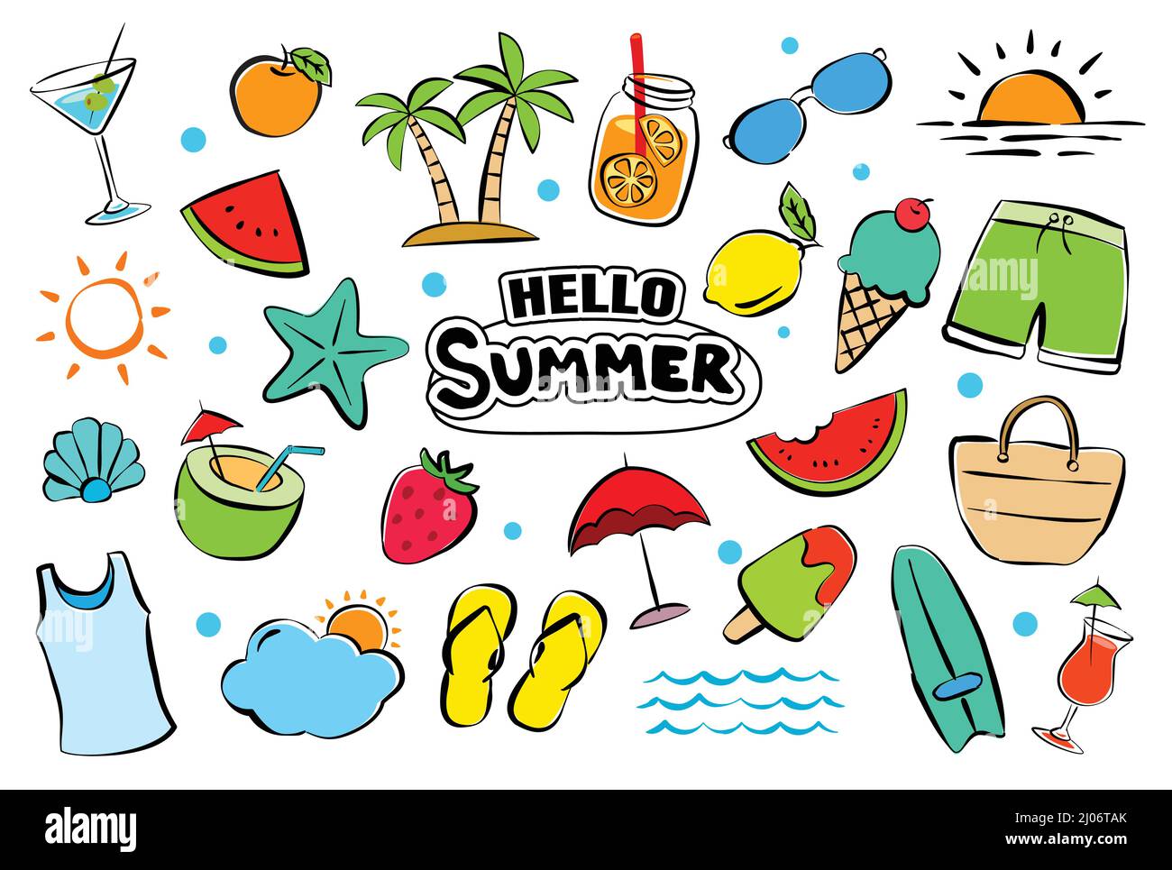 Hallo Sommer Elemente setzen Doodle auf weißem Hintergrund. Sommer handgezeichnete Symbole und Objekte. Stock Vektor