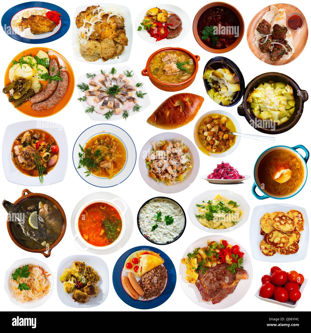 Set von russischen Gerichten isoliert auf weiß Stockfoto