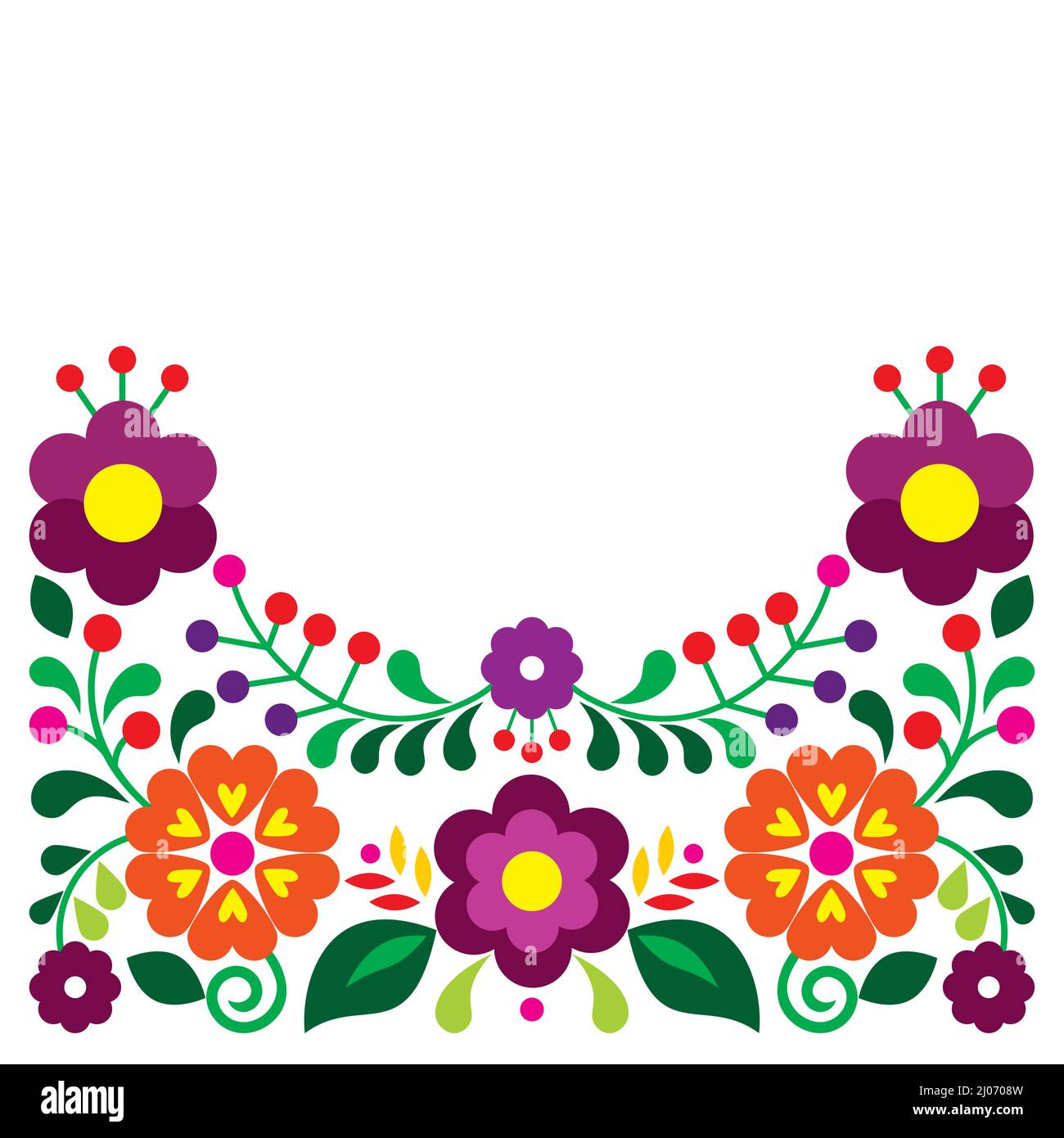 Mexikanische Volkskunst Stil Vektor Blumen Grußkarte oder Einladung Design, buntes Muster mit Blumen inspiriert von traditionellen Stickereien aus Mexiko Stock Vektor