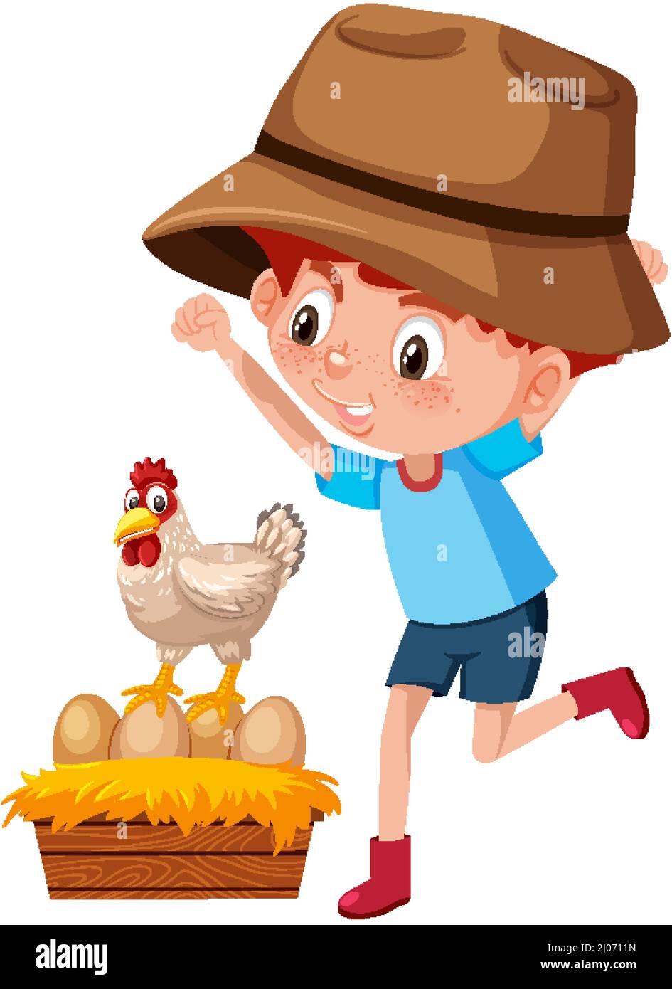 Junge Farmjunge mit Huhn Illustration Stock Vektor