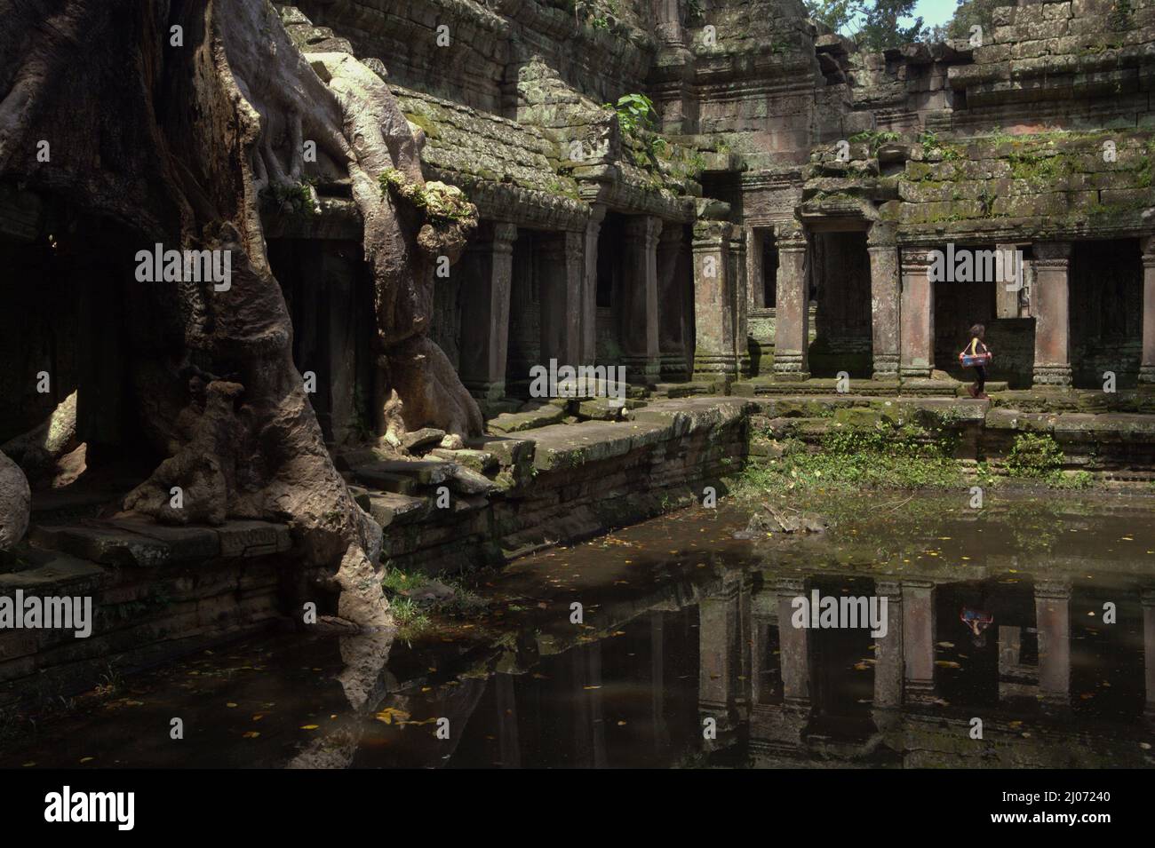 Eine Frau, die am Prasat Preah Khan (Preah Khan-Tempel) in Siem Reap, Kambodscha, an einem alten Teich entlang geht. Stockfoto