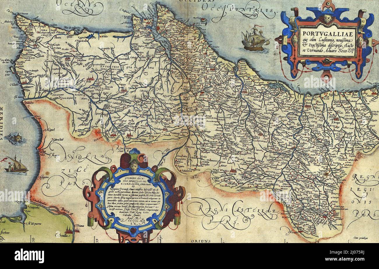 Antike Landkarte von Portugal, von Abraham Ortelius, um 1570 Stockfoto