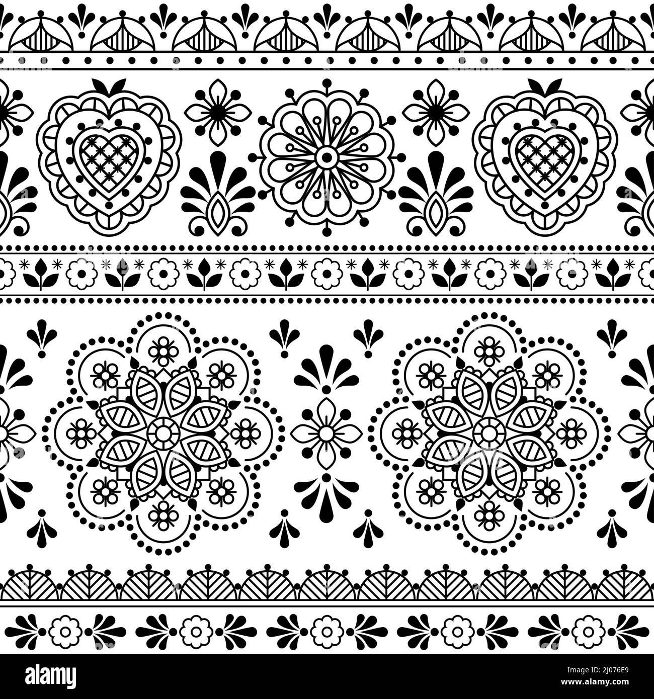 Skandinavische Volkskunst schwarz-weiß Vektor nahtlose Textil- oder Stoffdruck, ncute repetitve Design mit Blumen inspiriert von Spitze und Stickerei Bac Stock Vektor