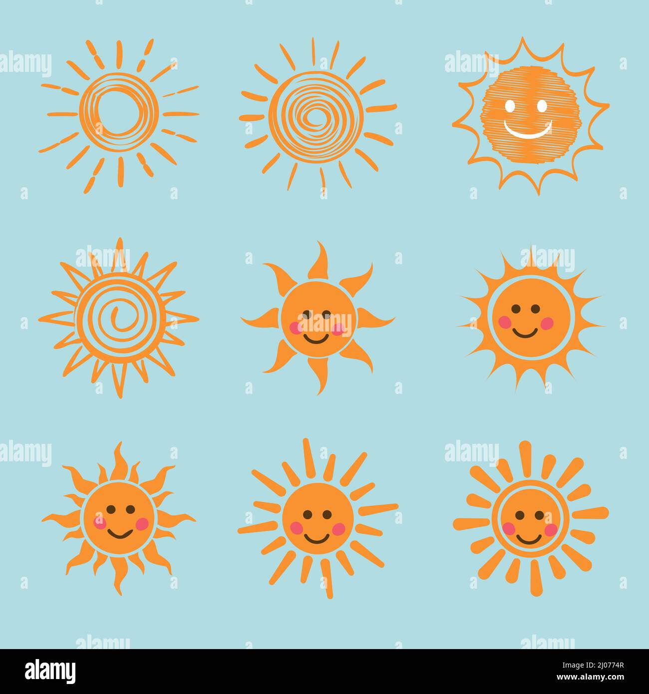 Sun Icon Set, gelbe Farbe. Spaß Doodle in flachen Stil. Stock Vektor